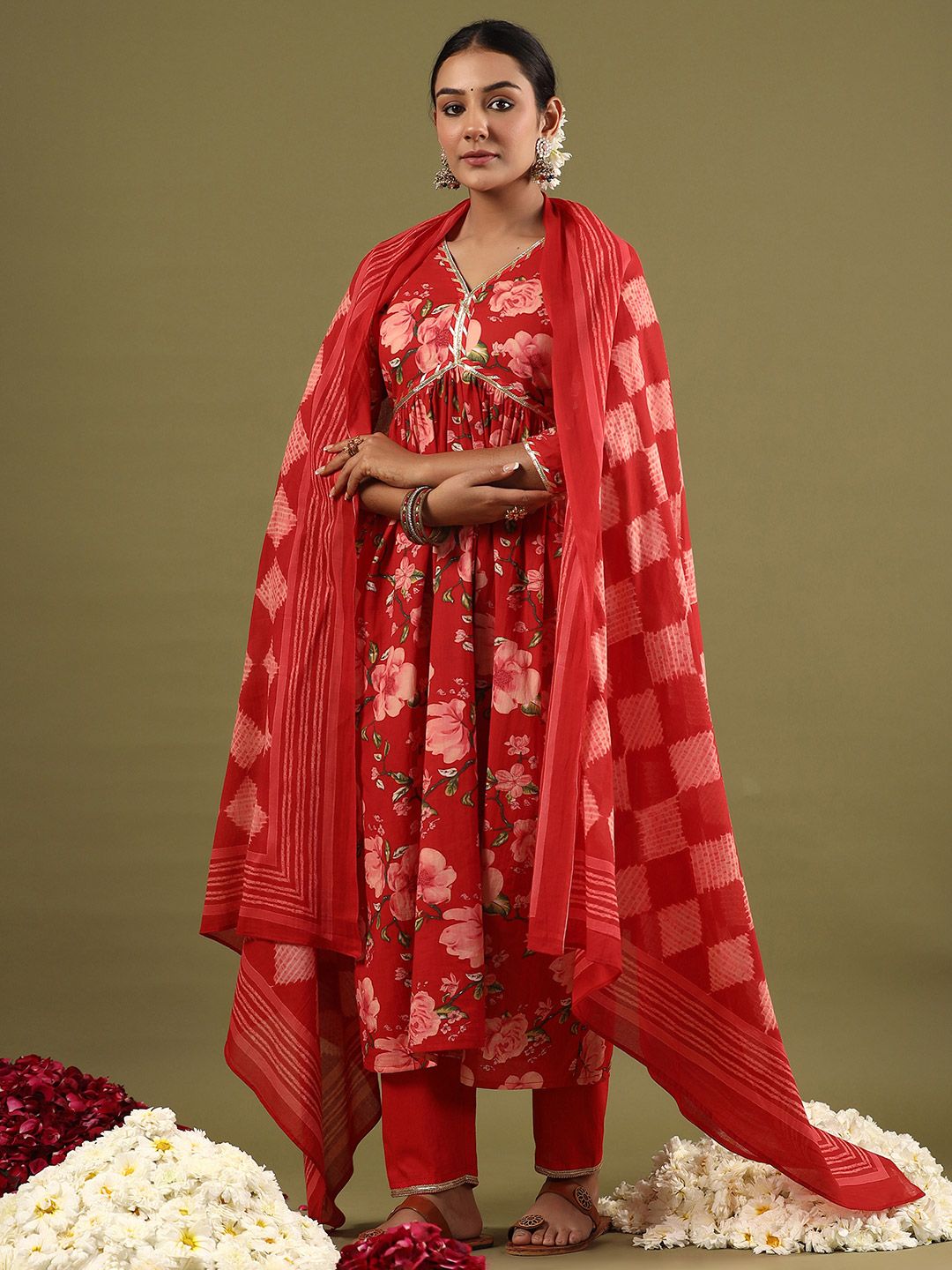 Dhiyona IE Floral Printed Empire Gotta Patti Pure Cotton Kurta With Trousers & Dupatta