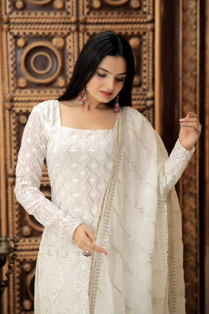 Dhiyona KL Chevron Embroidered Thread Work Georgette Straight Kurta with Sharara & Dupatta