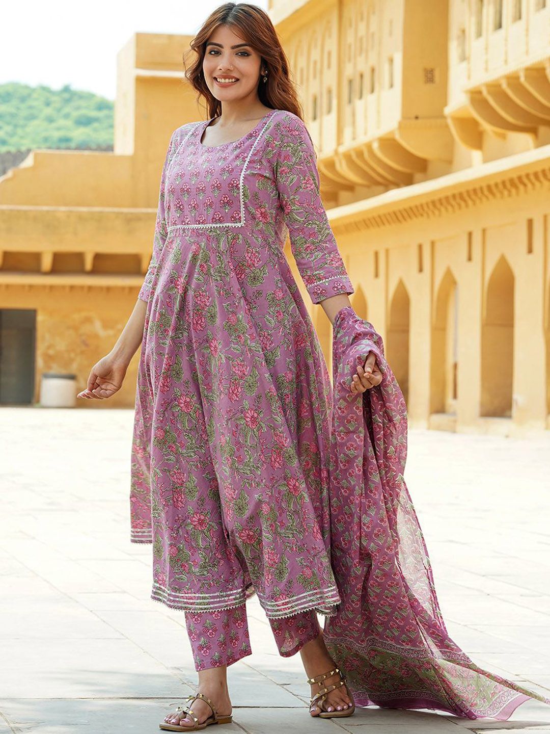 Dhiyona KL Floral Printed Gotta Patti Pure Cotton Anarkali Kurta With Trousers & Dupatta