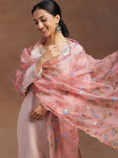 Women's LB Peach Yoke Design Silk Blend Straight Suit With Dupatta