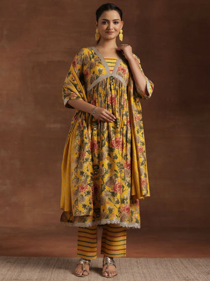 Women's LB Yellow Printed Silk Blend A-Line Kurta With Trousers & Dupatta