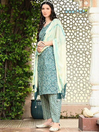 Women Ethnic Motifs Printed Regular Pure Cotton Kurta with Trousers & With Dupatta