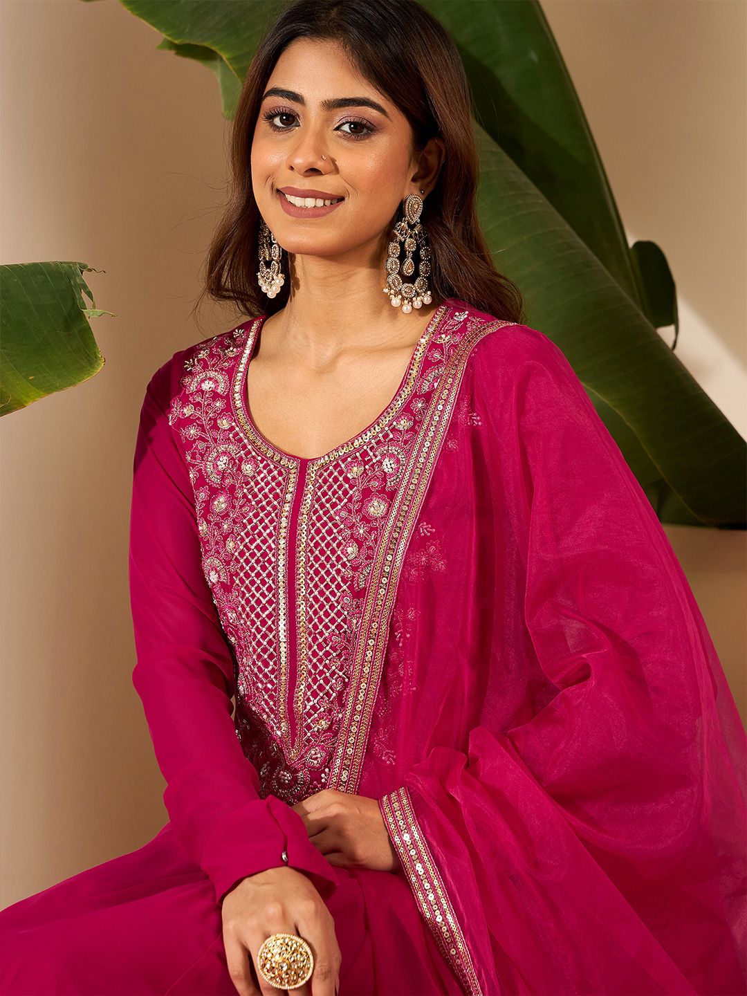 Dhiyona IN Floral Embroidered Anarkali Thread Work Kurta With Palazzos & Dupatta