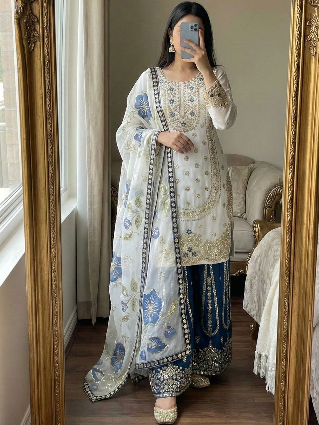 Dhiyona KL Women Ethnic Motifs Embroidered Regular Sequinned Kurta with Sharara & With Dupatta