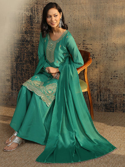 Dhiyona LL Women Ethnic Motifs Embroidered Regular Thread Work Kurta with Palazzos & With Dupatta