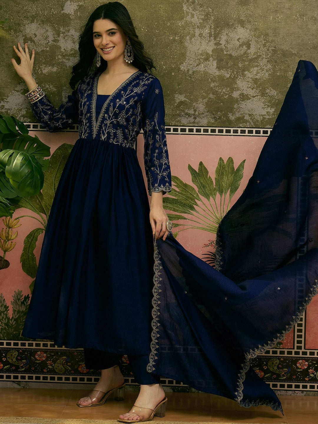 Embroidered V-Neck Kurta & Trousers Kurta Sets