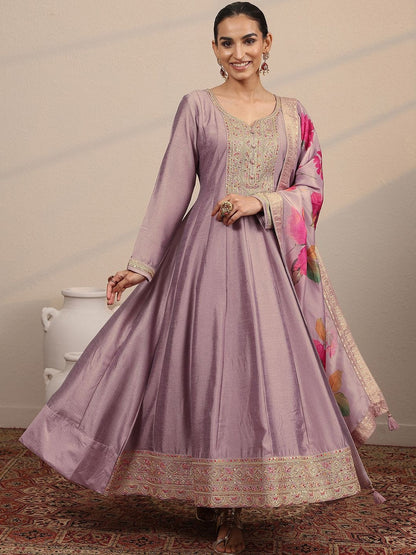 Floral Yoke Design Panelled Thread Work Zari Anarkali Kurta with Trousers & Dupatta