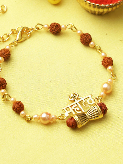 Dhiyona Brown Rudraksh & Pearl Beaded Bracelet Rakhi With Roli Chawal With Greeting Card