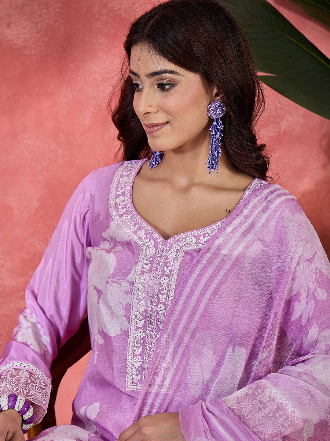 Floral Printed V-Neck Pure Silk Straight Kurta With Trousers And Dupatta