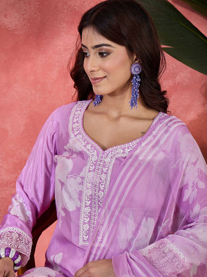 Floral Printed V-Neck Pure Silk Straight Kurta With Trousers And Dupatta