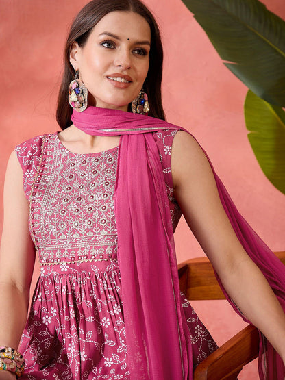 Pink Floral Embroidered Sleeveless Anarkali Kurti With Sharara And Dupatta