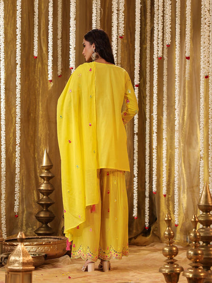 Dhiyona SC Geometric Embroidered Mirror Work Pure Cotton Kurti With Sharara & Dupatta