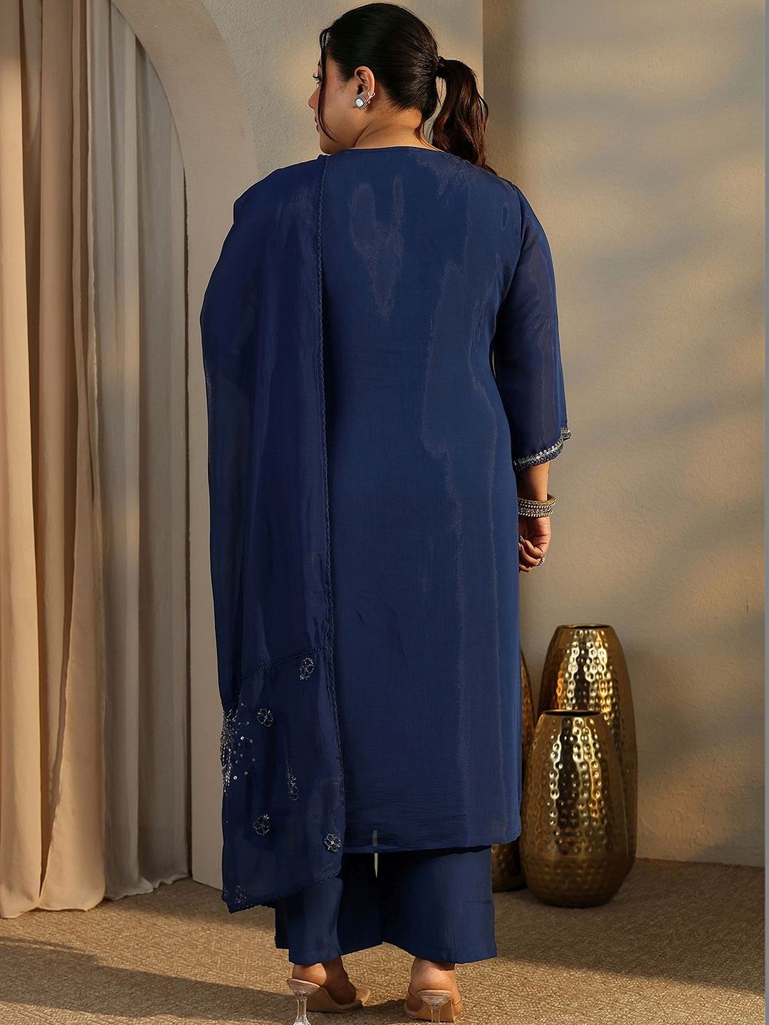 Dhiyona Women's Plus Size Ethnic Motifs Embroidered Kurta with Trouser & Dupatta