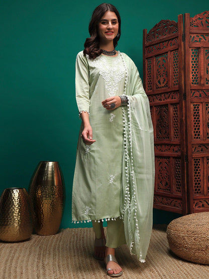 Floral Embroidered Pure Cotton Chikankari Straight Kurta & Trousers With Dupatta