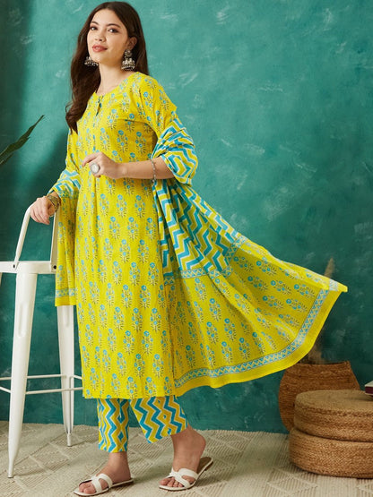Floral Printed Cotton Round Neck Kurta & Trousers With Dupatta