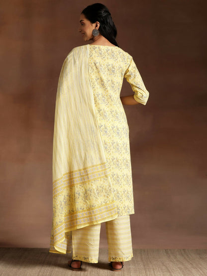 Women's LB Yellow Printed Cotton Straight Suit With Dupatta