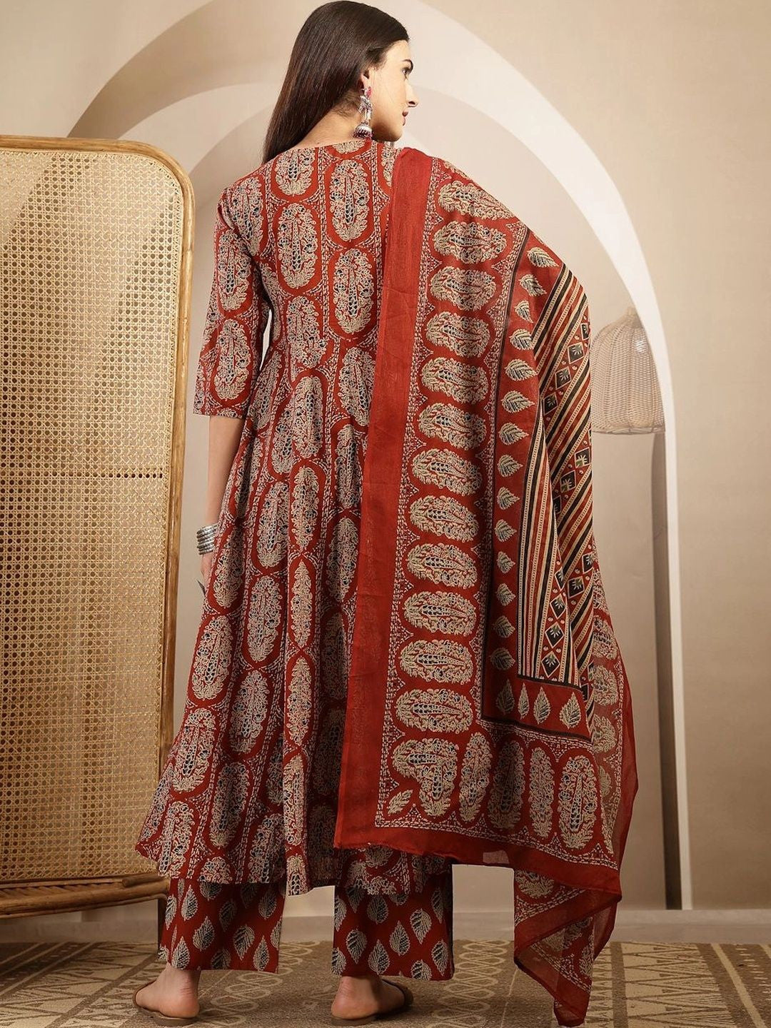 Women Ethnic Motifs Printed Angrakha Kurta with Trousers & With Dupatta