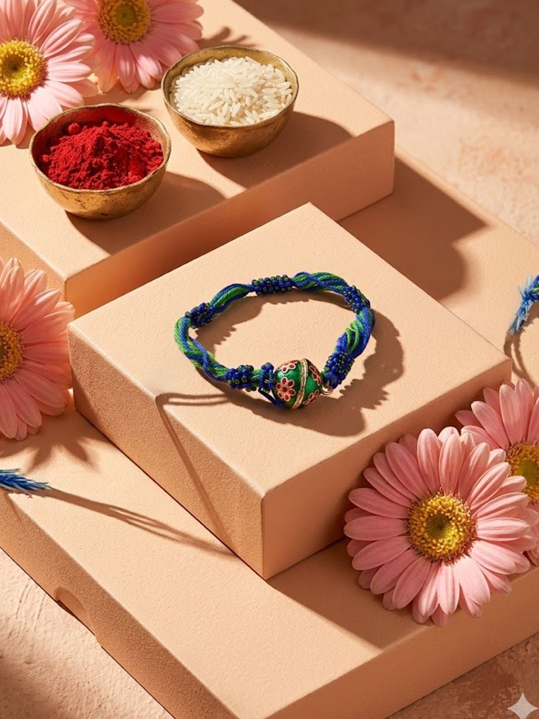 Dhiyona Magnetic Opening Blue Meenakari Work Thread Rakhi With Roli Chawal Chandan Mishri