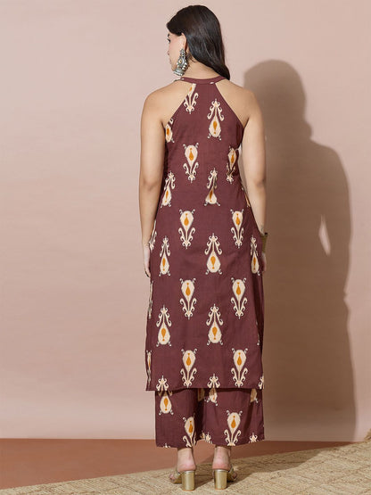 Brown Women Floral Printed Regular Kurta with Palazzos