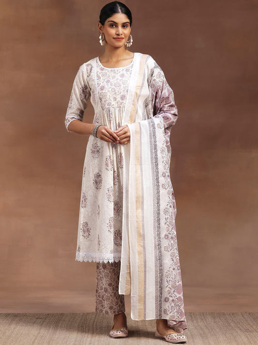 Floral Printed Pleated Pure Cotton Kurta with Trousers & Dupatta