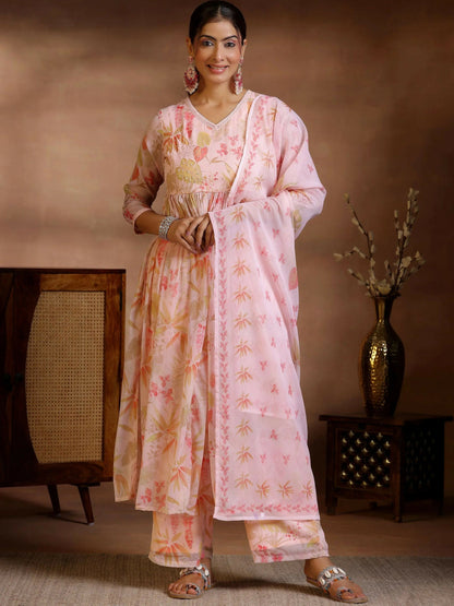 Women's LB Pink Printed Poly Chiffon A-Line Kurta With Palazzos & Dupatta