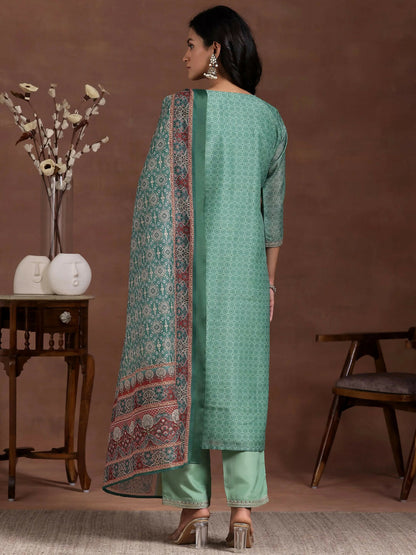 Women's LB Green Printed Silk Blend Straight Suit With Dupatta