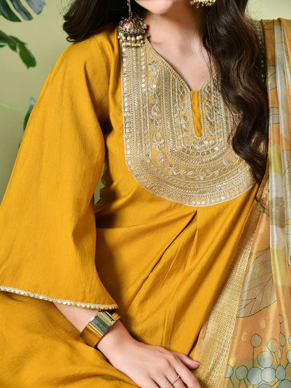 Ethnic Motifs Yoke Design Sequinned A-Line Kurta With Dhoti Pant & Dupatta
