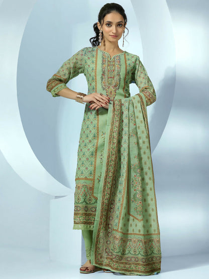 Women's LB Green Printed Linen Straight Suit With Dupatta