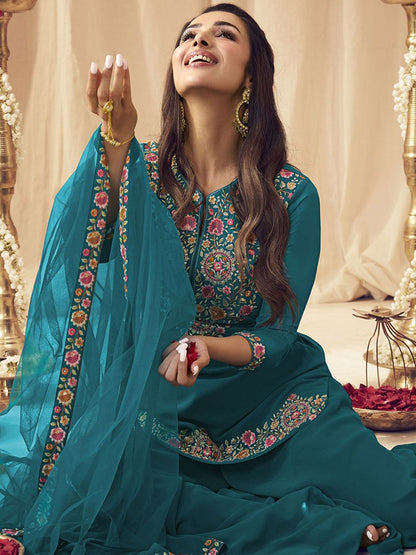 Dhiyona IN Turquoise Blue Floral Embroidered Notch Neck Georgette Kurti with Palazzo & Dupatta