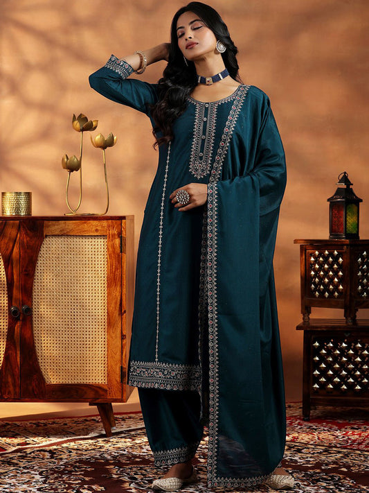 Floral Embroidered Zari Work Dobby Weave Straight Kurta With Dhoti Pants & Dupatta