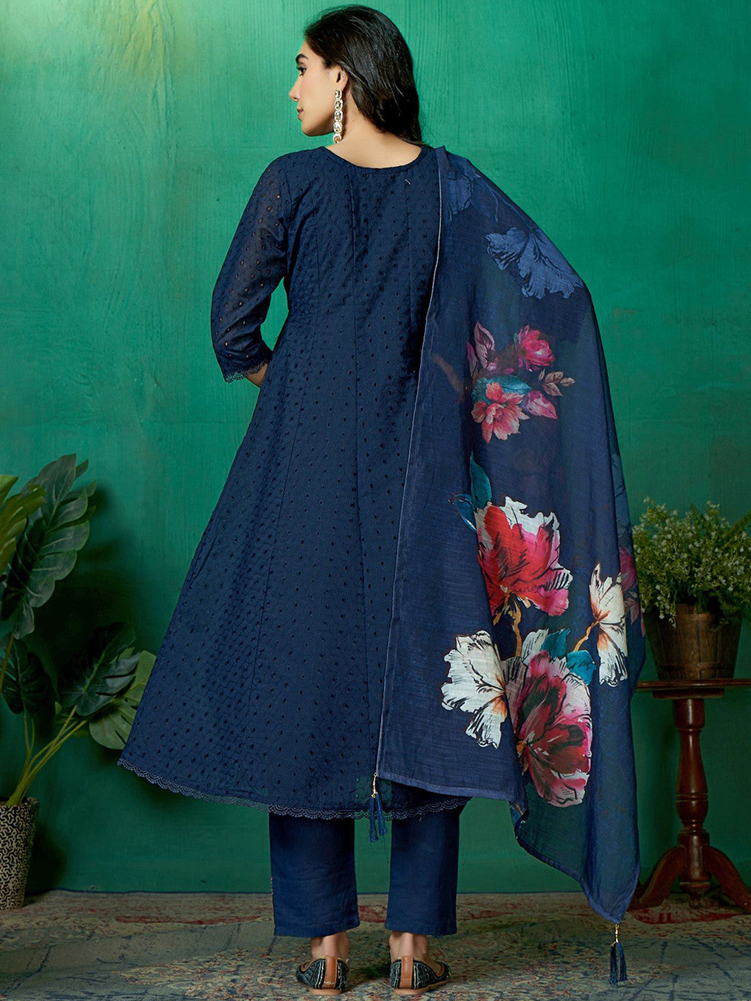 Embroidered Pure Cotton Round Neck Kurta Trouser & Dupatta