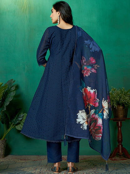 Embroidered Pure Cotton Round Neck Kurta Trouser & Dupatta
