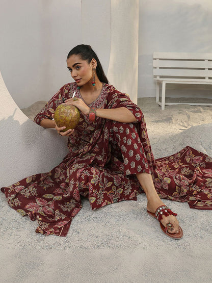 Libas Maroon Floral Printed Cotton Blend Straight Suit Set With Dupatta