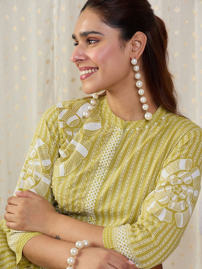 Dhiyona IE Printed Pure Cotton Mandarin Collar Neck Top With Trousers Co-Ords