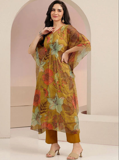 Mustard Floral Printed 3 Piece Chiffon Kaftan Kurta Set