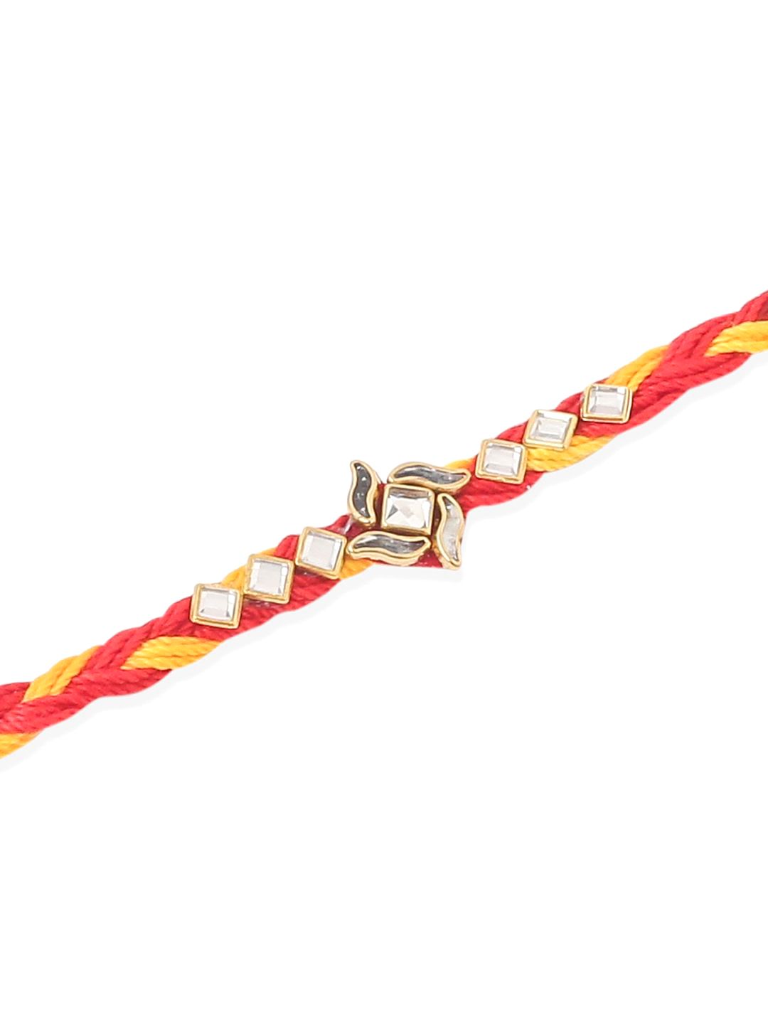 Dhiyona Men Set Of 3 Red & Yellow Kundan Studded Floral Design Thread Rakhi With Roli Chawal