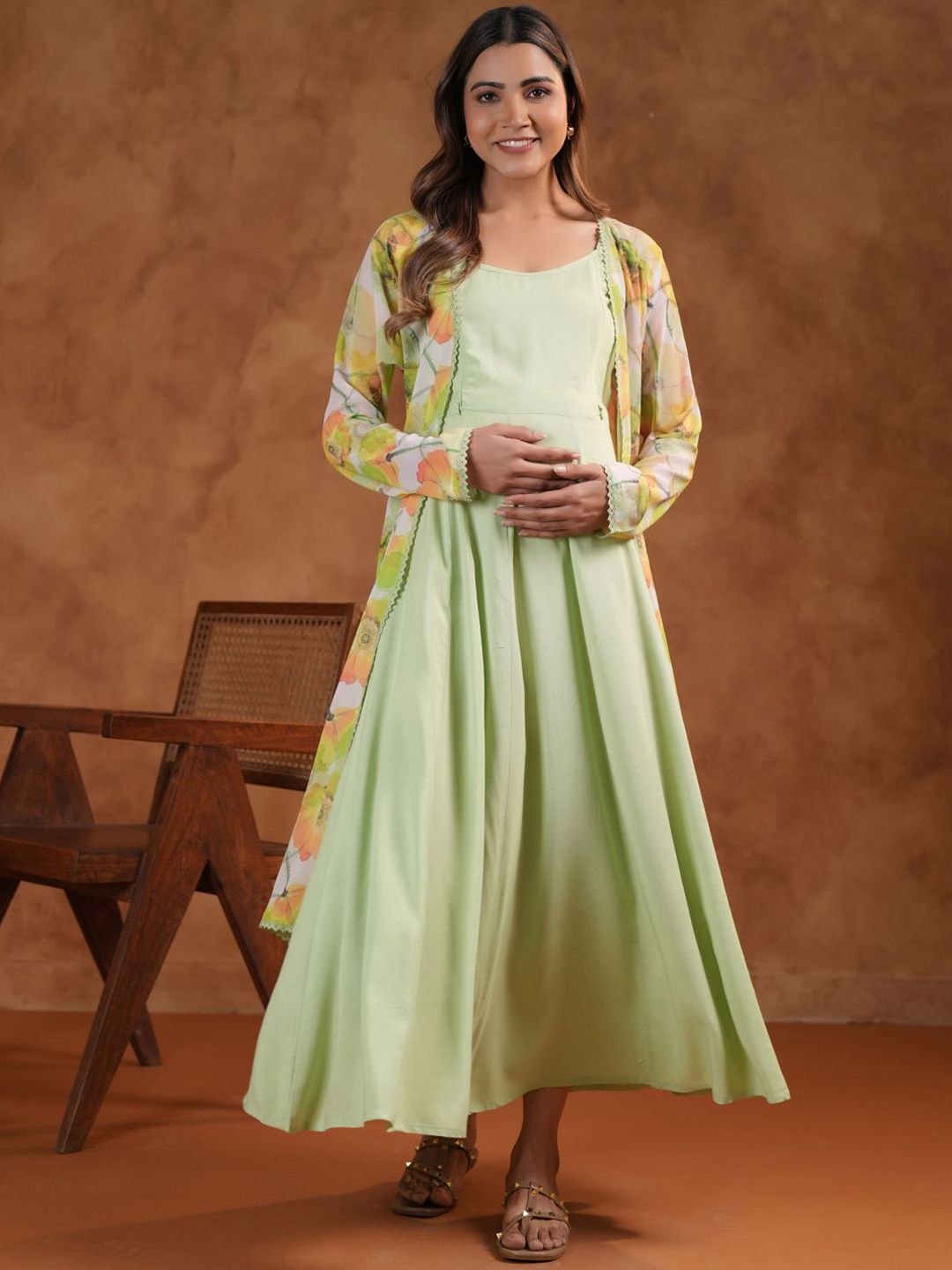 Dhiyona AY Women's Fit & Flared Maternity Ethnic Dress With Cape Jacket
