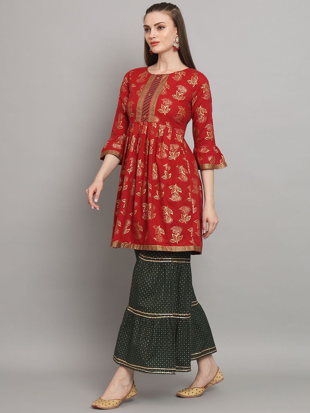 Dhiyona AN Maroon Floral Printed Zari A-Line Kurti With Sharara