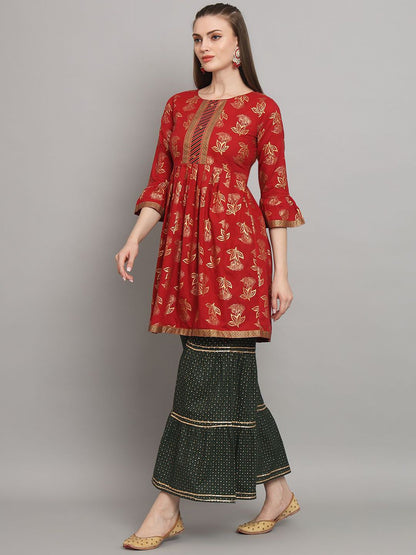 Dhiyona AN Maroon Floral Printed Zari A-Line Kurti With Sharara