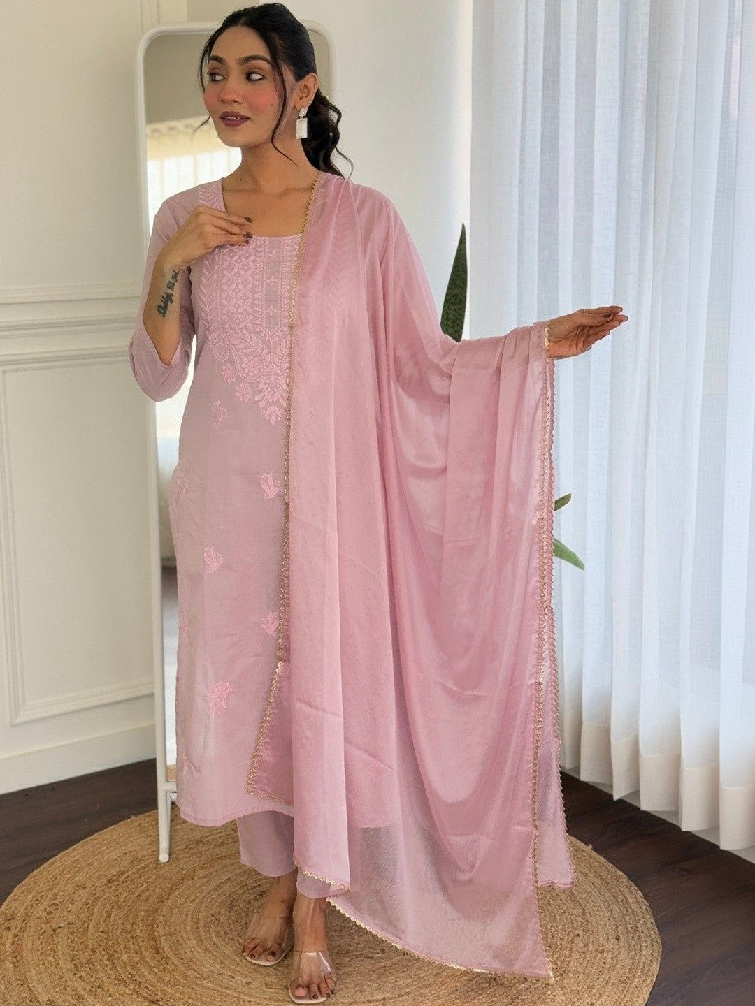 Embroidered Pure Cotton Round Neck Kurta & Trousers With Dupatta