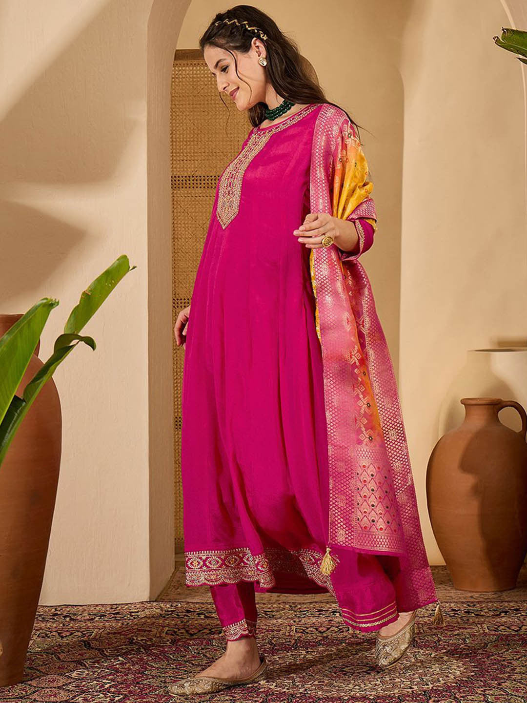 Women Floral Embroidered A-Line Kurta with Trousers & Dupatta