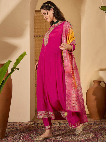 Women Floral Embroidered A-Line Kurta with Trousers & Dupatta