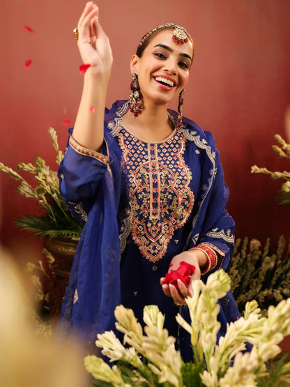 Dhiyona SC Women Midnight Blue Organza Silk Embroidered Sharara Set