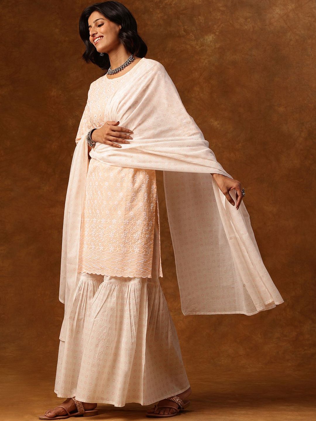 Dhiyona AN Women Embroidered Regular Sequinned Kurta with Sharara & With Dupatta