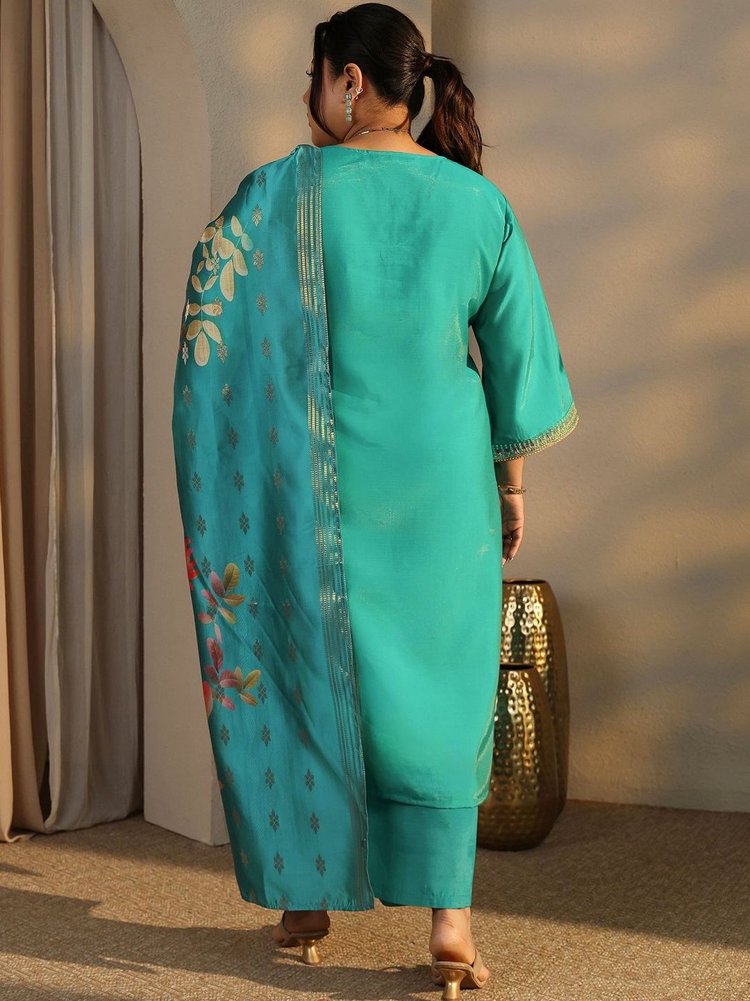 Dhiyona Women's Plus Size Ethnic Motifs Embroidered Kurta with Trouser & Dupatta