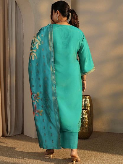 Dhiyona Women's Plus Size Ethnic Motifs Embroidered Kurta with Trouser & Dupatta