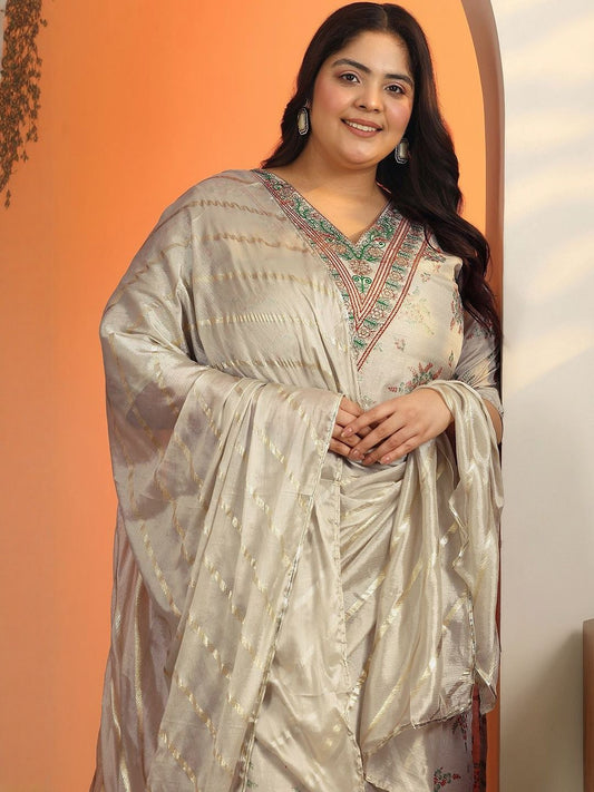 Dhiyona Women's Plus Size Printed V-Neck Straight Kurta With Trousers & Dupatta