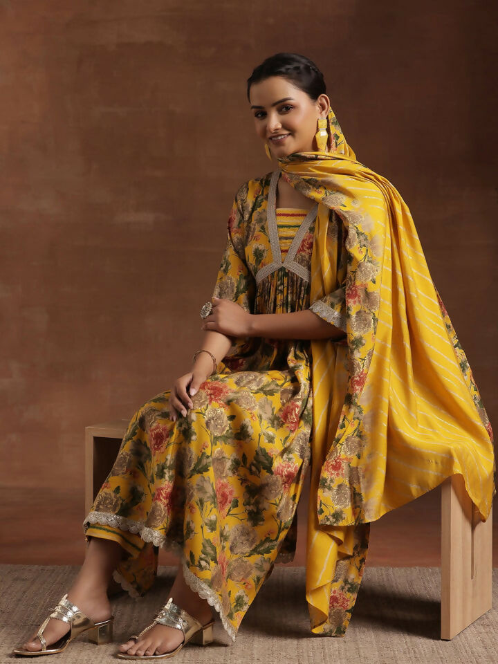 Women's LB Yellow Printed Silk Blend A-Line Kurta With Trousers & Dupatta