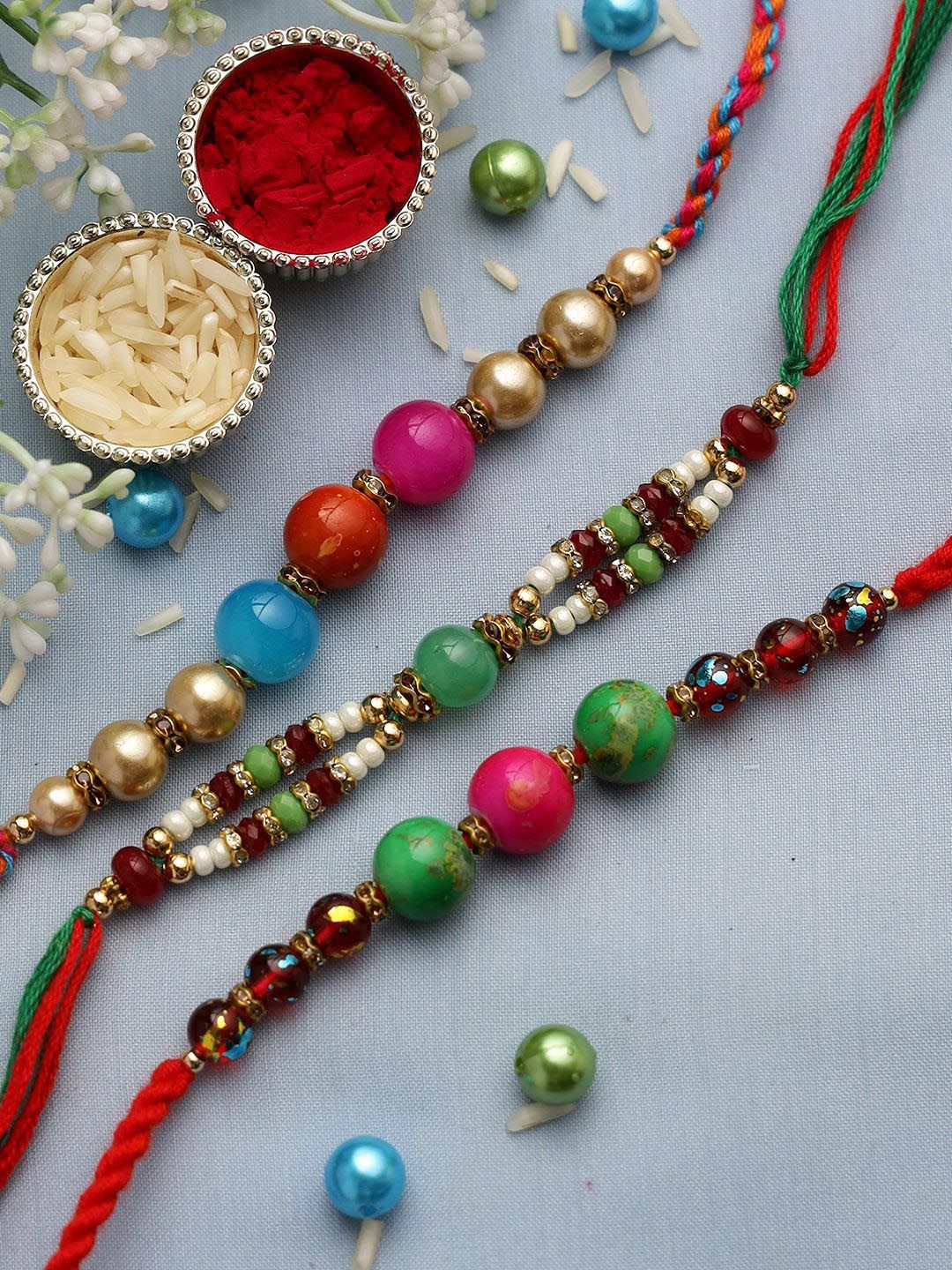 Dhiyona Red Set Of 3 Stone Studded & Beaded Thread Rakhi With Roli Chawal & Greeting Card