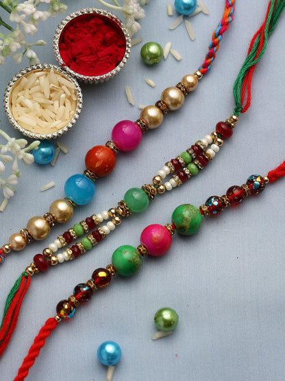 Dhiyona Red Set Of 3 Stone Studded & Beaded Thread Rakhi With Roli Chawal & Greeting Card